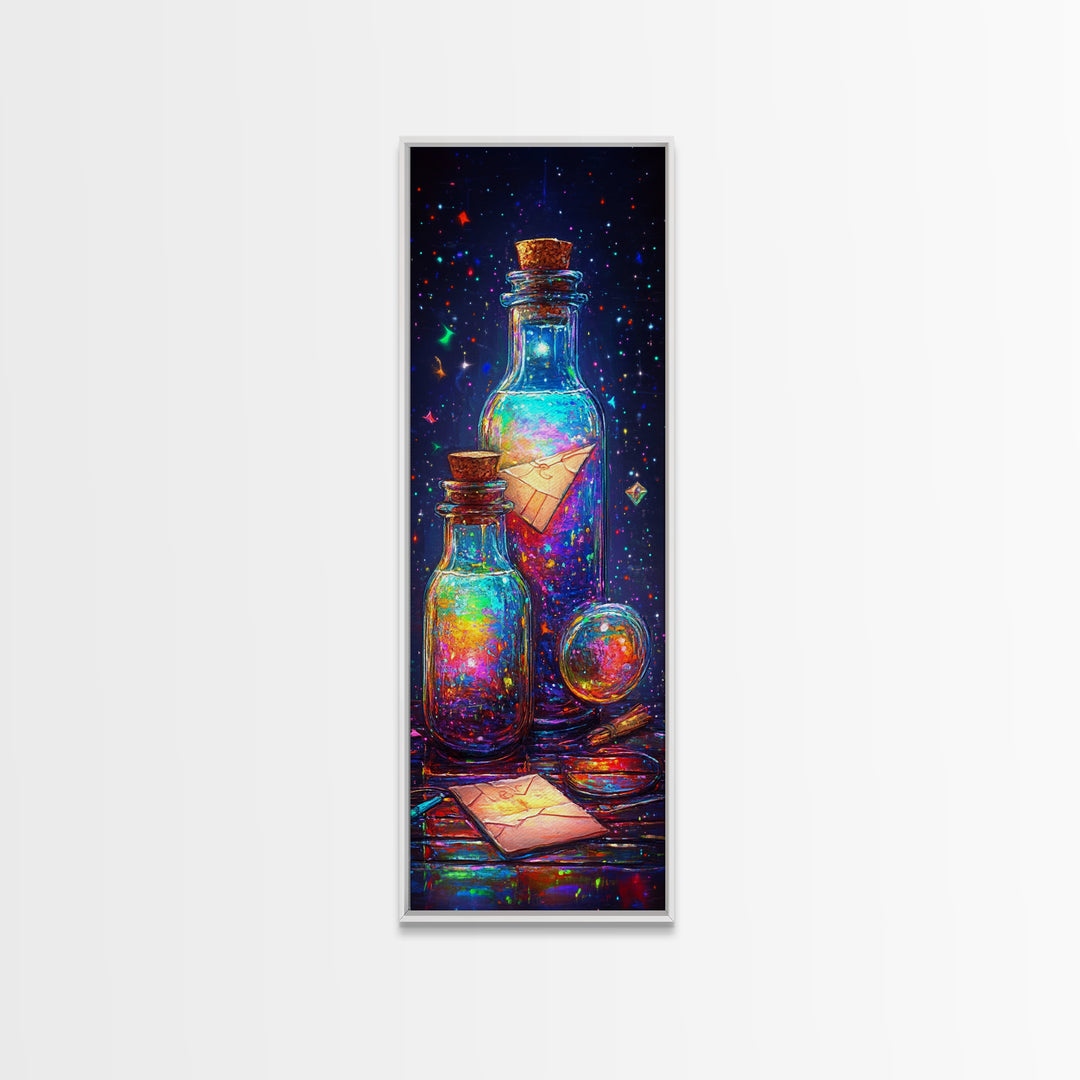 Glowing Message Bottles With Paper Boats Canvas Print, Celestial Wall Art, Fantasy Decor, Magical Art Print, Unique Gift