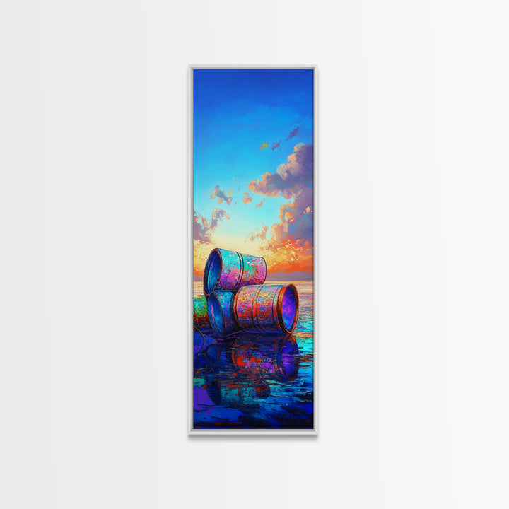 Colorful Beach Barrels Framed Canvas Print, Coastal Wall Art, Ocean Sunset Painting, Nautical Home Decor, Beach House Gift
