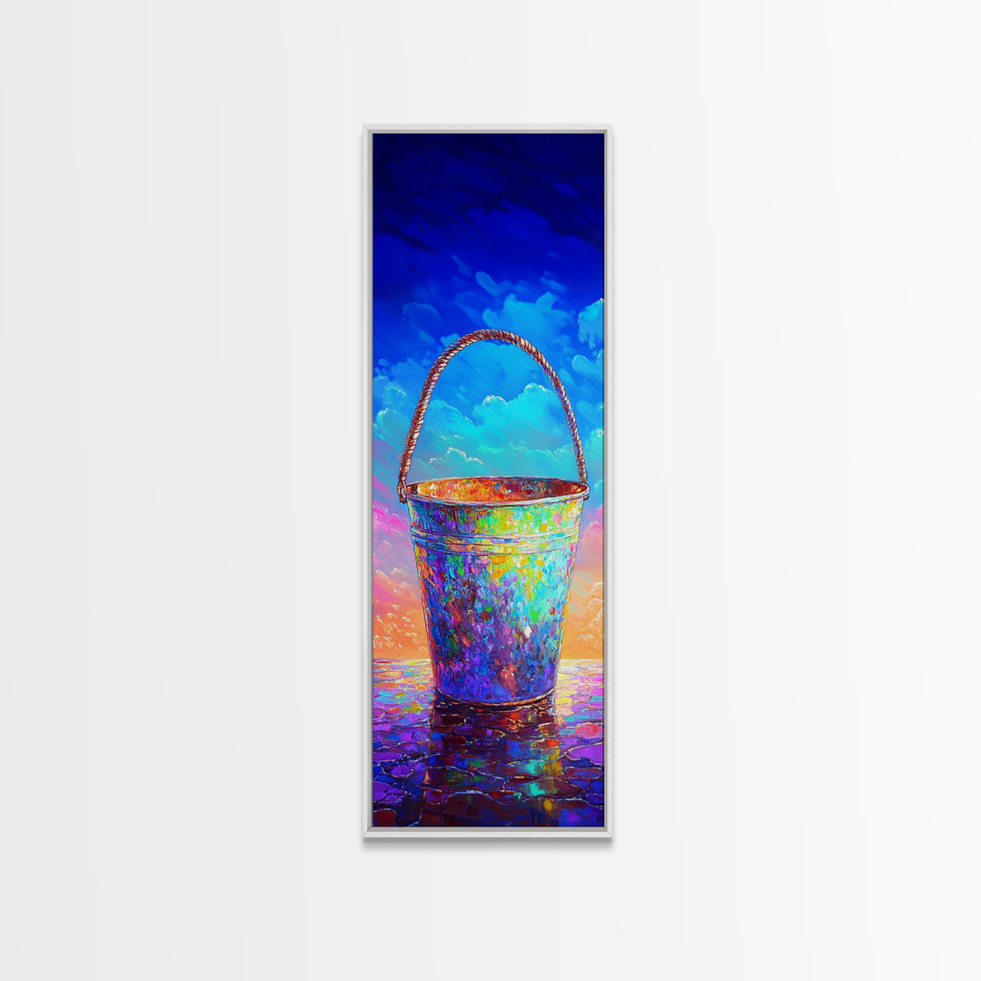 Iridescent Beach Pail Wall Art, Colorful Coastal Canvas, Summer Beach House Decor, Ocean Nursery Art, Whimsical Housewarming Gift