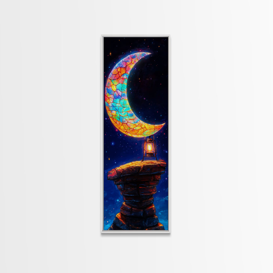 Stained Glass Crescent Moon Wall Art, Celestial Canvas Print, Night Sky Decor, Mystical Wall Decor, Nursery Wall Art, Gift For Her