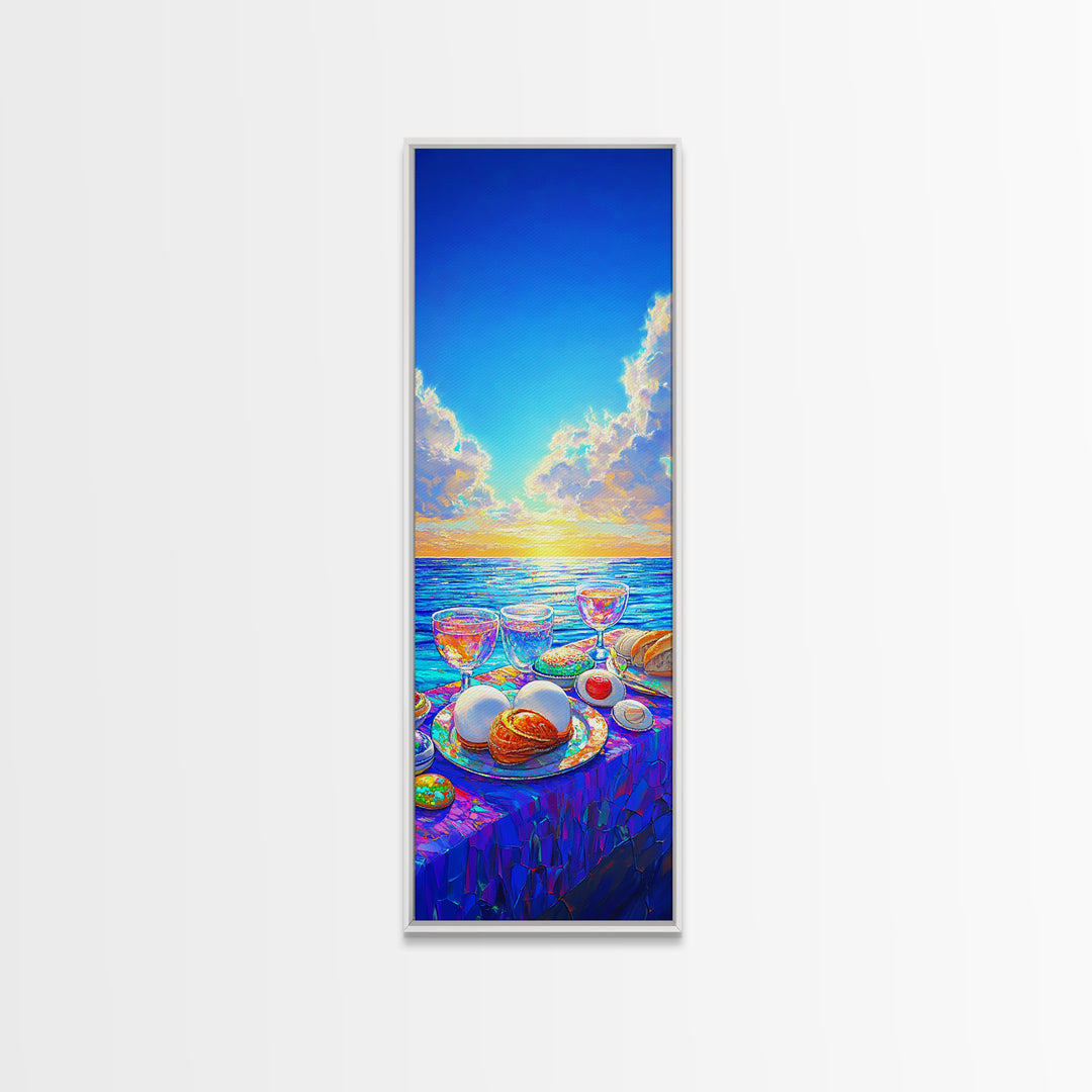 Sunny Seaside Breakfast Table Canvas Print, Coastal Kitchen Wall Art, Beach House Decor, Foodie Gift, Dining Room Prints