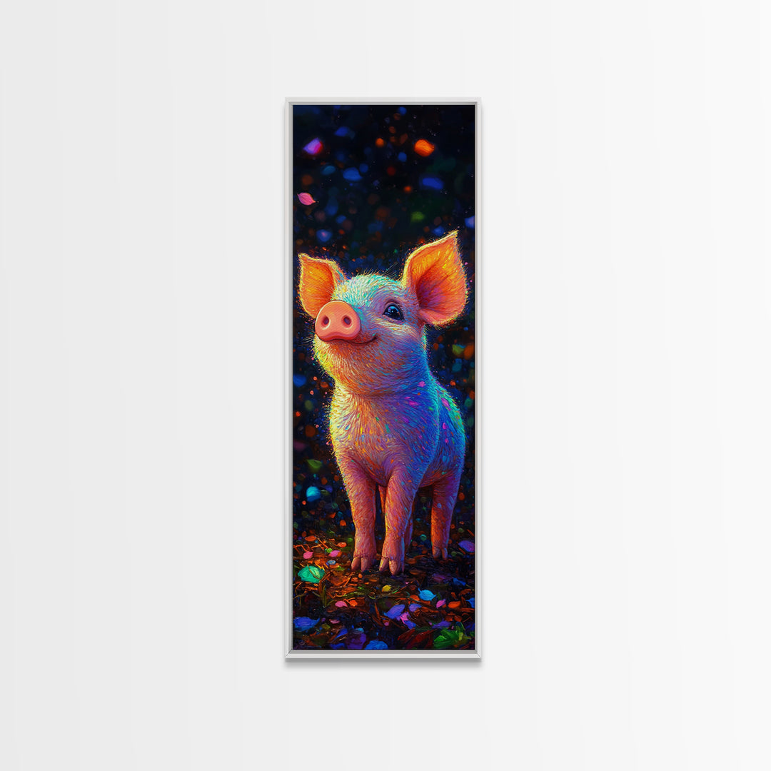 Neon Rainbow Piglet Canvas Print, Cute Animal Wall Art, Whimsical Nursery Decor, Farm Animal Art, Kids Room Decor Gift For Animal Lovers