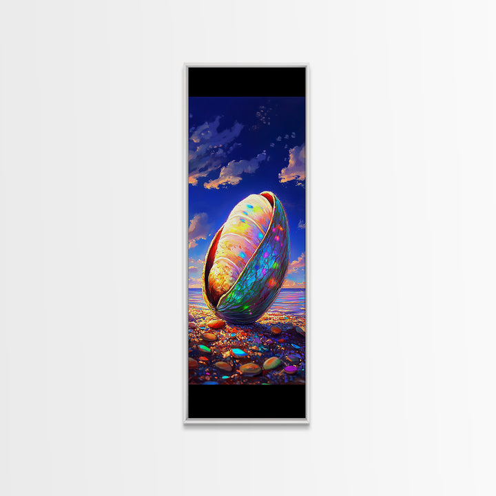 Iridescent Seashell On Pebble Beach Canvas Print, Coastal Wall Decor, Ocean Lover Gift, Beach House Decor, Nautical Art Print