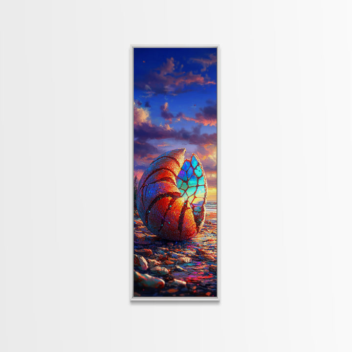 Rainbow Nautilus Seashell At Sunset Wall Art, Coastal Canvas Print, Beach House Decor, Ocean Landscape Art, Seaside Gift
