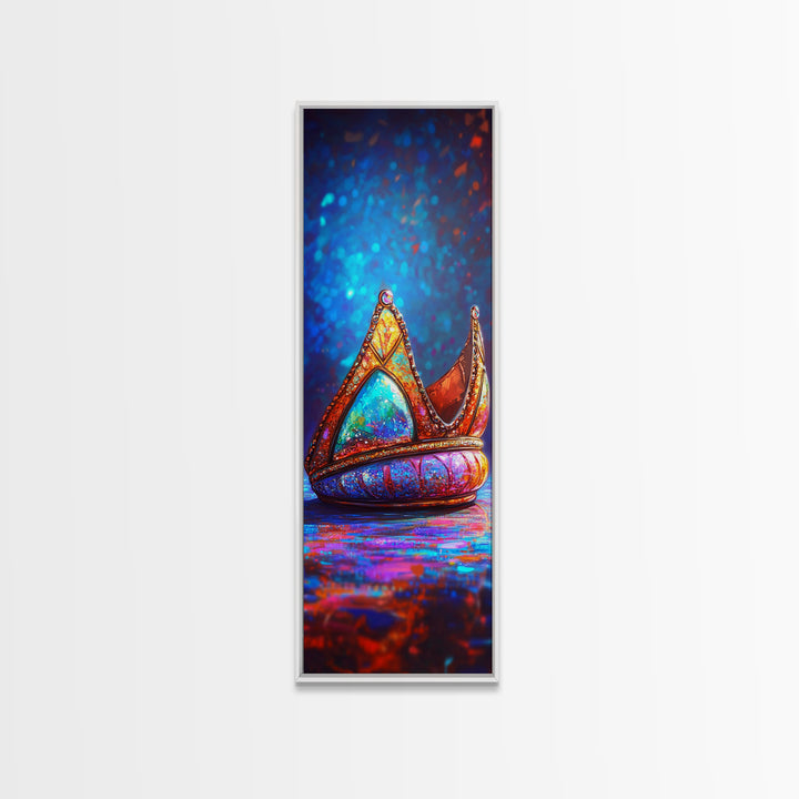 Jeweled Fantasy Crown With Blue Gem Wall Art, Royal Framed Canvas Print, Whimsical Decor, Maximalist Bedroom Art, Gift For Her