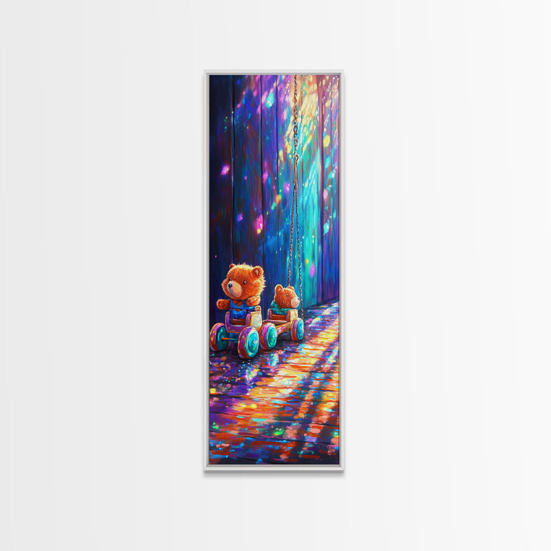 Teddy Bear Toy Wagon In Magical Light Wall Art, Nursery Canvas Print, Whimsical Woodland Kids Room Decor, Baby Shower Gift