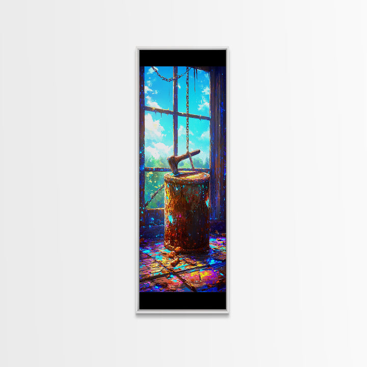 Rustic Hatchet In Tree Stump By Window Wall Art, Cabin Canvas Print, Farmhouse Decor, Country Wall Decor, Gift For Him, Rustic Home Decor