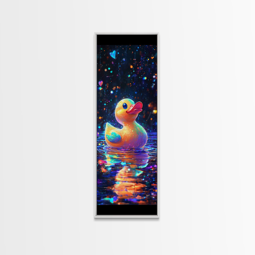 Cute Rubber Duck Floating On Sparkling Water Canvas Print, Whimsical Animal Art, Bathroom Wall Art, Kids Room Decor Gift
