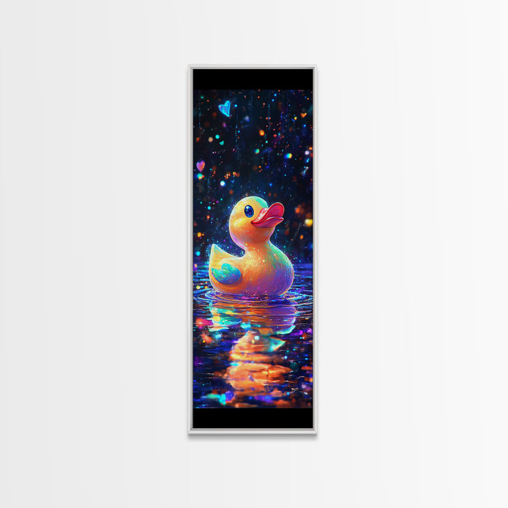 Cute Rubber Duck Floating On Sparkling Water Canvas Print, Whimsical Animal Art, Bathroom Wall Art, Kids Room Decor Gift