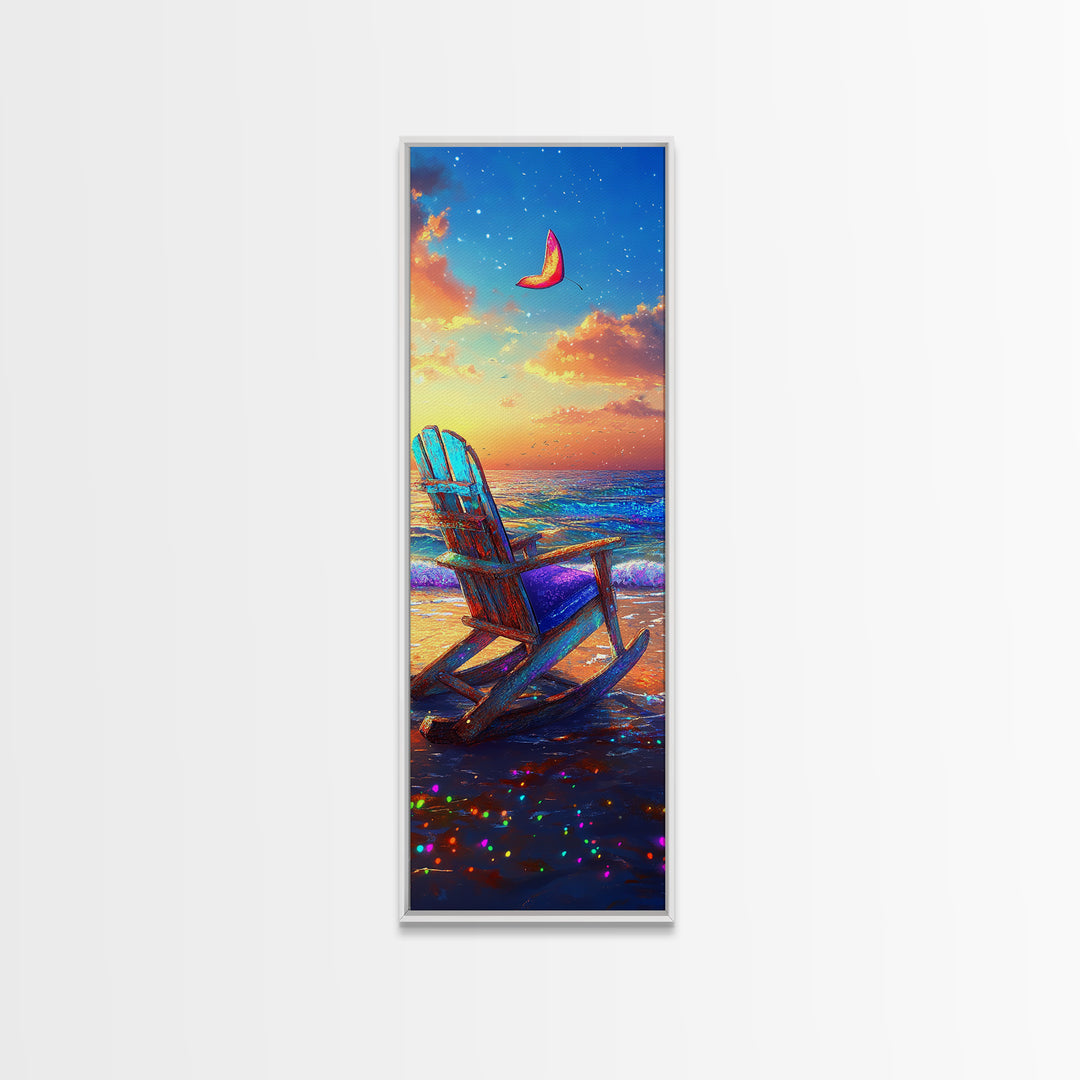 Sunset Beach Chair Under Crescent Moon Canvas Print, Coastal Wall Art, Ocean Decor, Beach House Living Room Wall Decor Gift