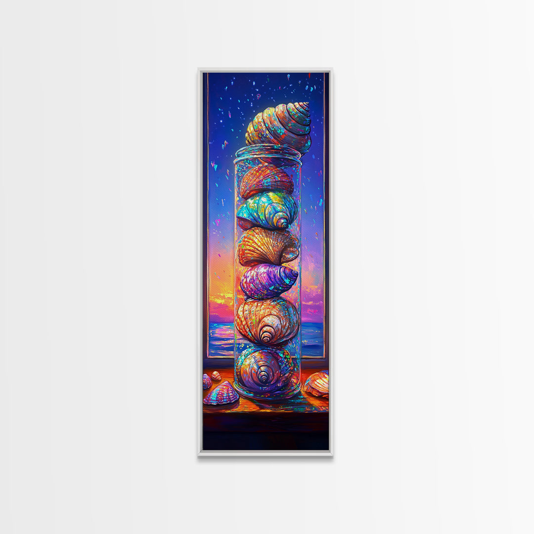 Stacked Rainbow Seashells In Window Framed Canvas Print, Coastal Wall Art, Beach House Decor, Nautical Wall Decor Housewarming Gift