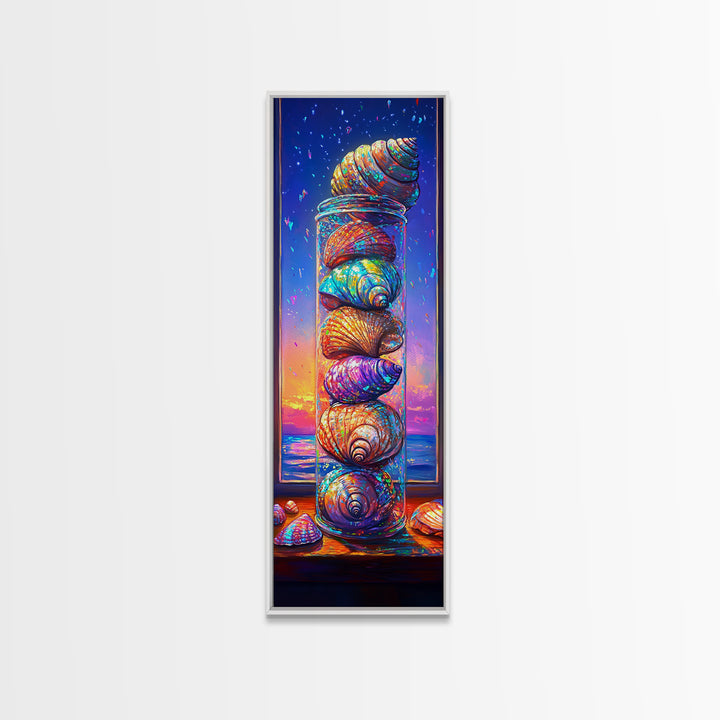 Stacked Rainbow Seashells In Window Framed Canvas Print, Coastal Wall Art, Beach House Decor, Nautical Wall Decor Housewarming Gift