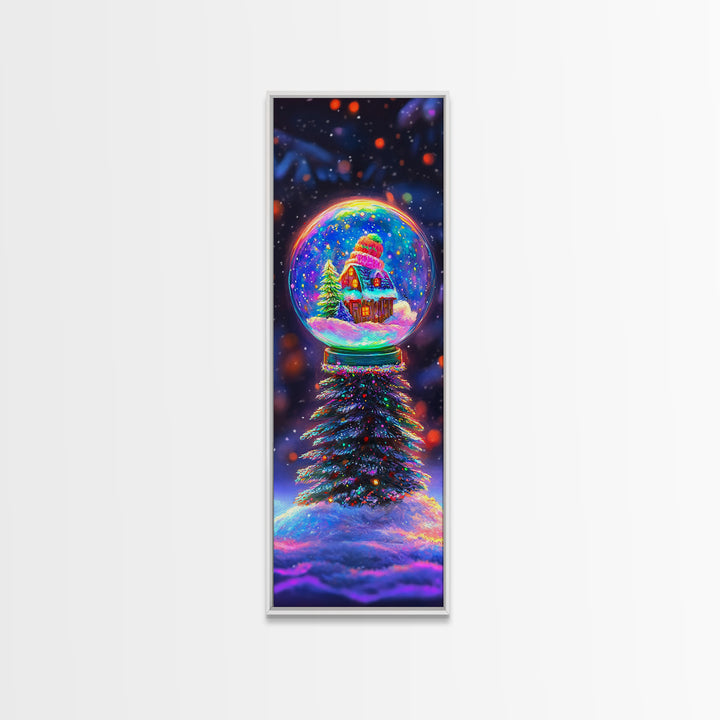 Glowing Snow Globe Cabin On Winter Tree Framed Canvas Print, Christmas Wall Art, Cozy Holiday Decor, Housewarming Gift Idea