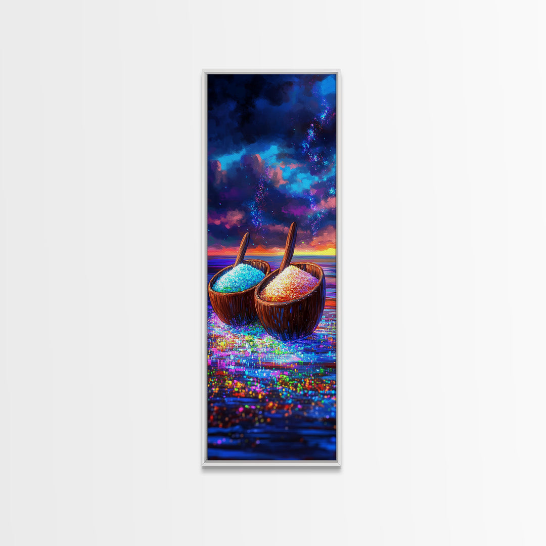 Glittering Coconut Bowls At Sunset Wall Art, Coastal Kitchen Decor, Tropical Beach House Print, Colorful Ocean Dining Art