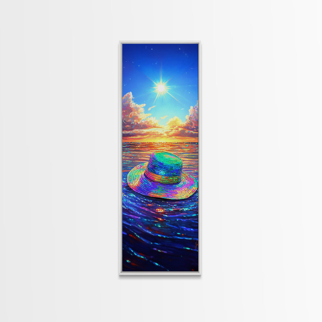 Rainbow Sun Hat On Sparkling Ocean Canvas Print, Beach Wall Art, Coastal Decor, Summer Seascape For Living Room, Housewarming Gift