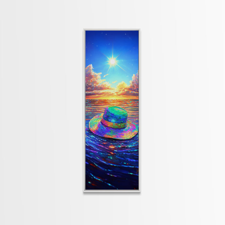 Rainbow Sun Hat On Sparkling Ocean Canvas Print, Beach Wall Art, Coastal Decor, Summer Seascape For Living Room, Housewarming Gift