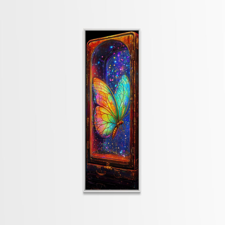 Glowing Rainbow Butterfly In Glass Case Wall Art, Celestial Fantasy Art Print, Whimsical Wall Decor, Unique Gift For Bedroom Decor