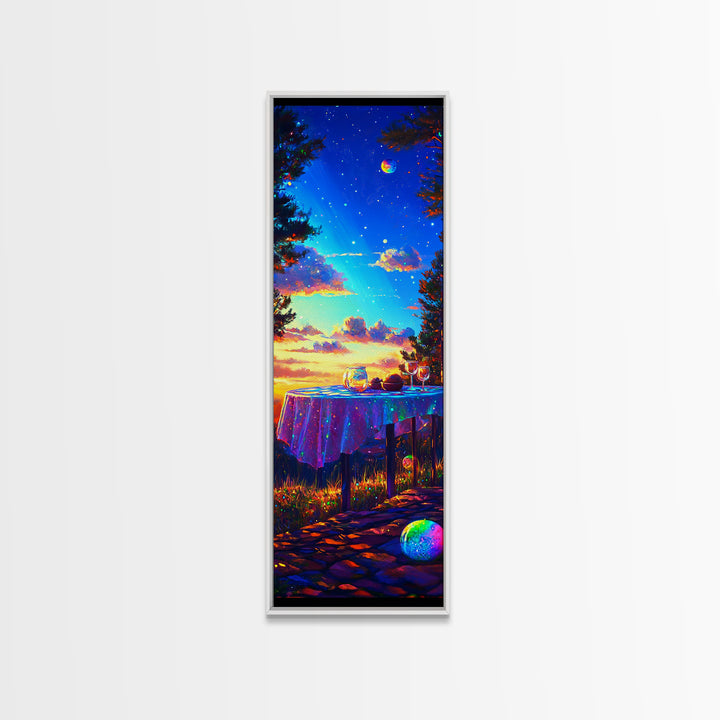 Moonlit Sunset Table With Wine Glasses Framed Canvas Print, Romantic Wall Art, Outdoor Patio Decor, Housewarming Gift, Cozy Home Decor
