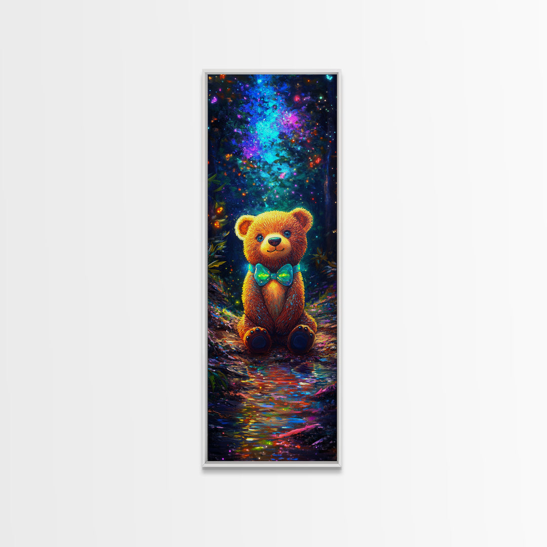 Glowing Teddy Bear In Enchanted Forest Wall Art, Whimsical Nursery Decor, Cute Animal Art Print, Kids Room Decor Gift Idea