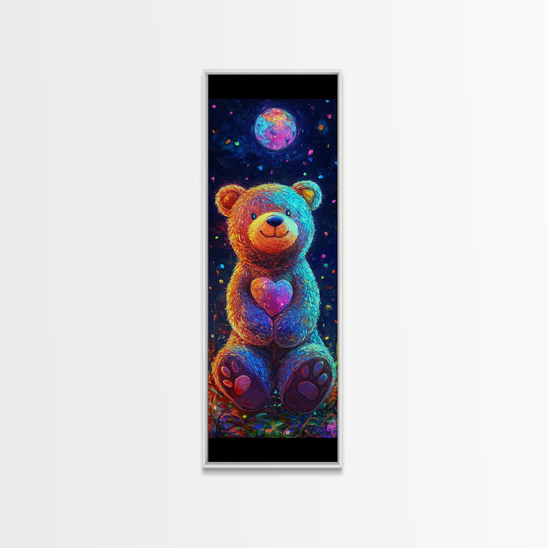 Moonlit Teddy Bear With Heart Framed Canvas Print, Whimsical Wall Art, Nursery Decor, Cute Animal Art, Celestial Room Decor