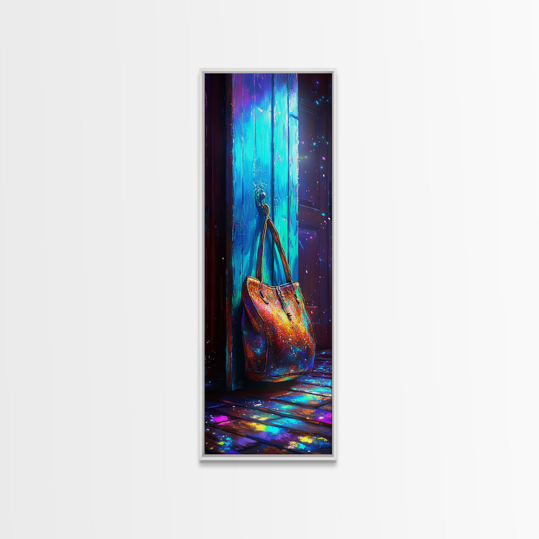 Iridescent Handbag Hanging On Turquoise Door Canvas Print, Fashion Wall Art, Glam Entryway Decor, Gift For Her, Trendy Poster