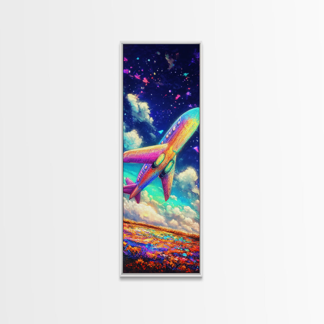 Rainbow Jet Flying Through Starry Clouds Canvas Print, Space Wall Art, Aviation Wall Decor, Kids Room Decor, Gift For Travelers