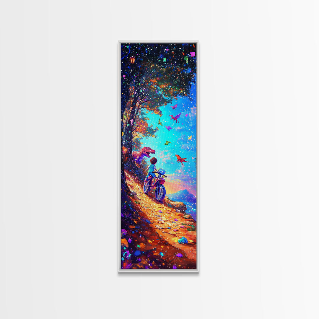 Child Riding Bike Through Dinosaur Forest Canvas Print, Whimsical Wall Art, Fantasy Nursery Decor, Kids Room Art Gift For Children