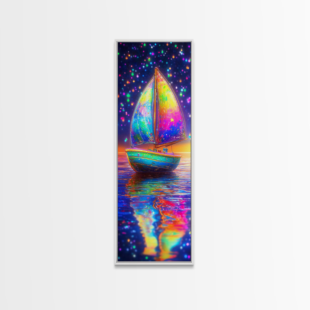 Rainbow Sailboat At Sunset Canvas Print, Colorful Coastal Wall Art, Nautical Ocean Decor, Beach House Gift, Modern Seascape