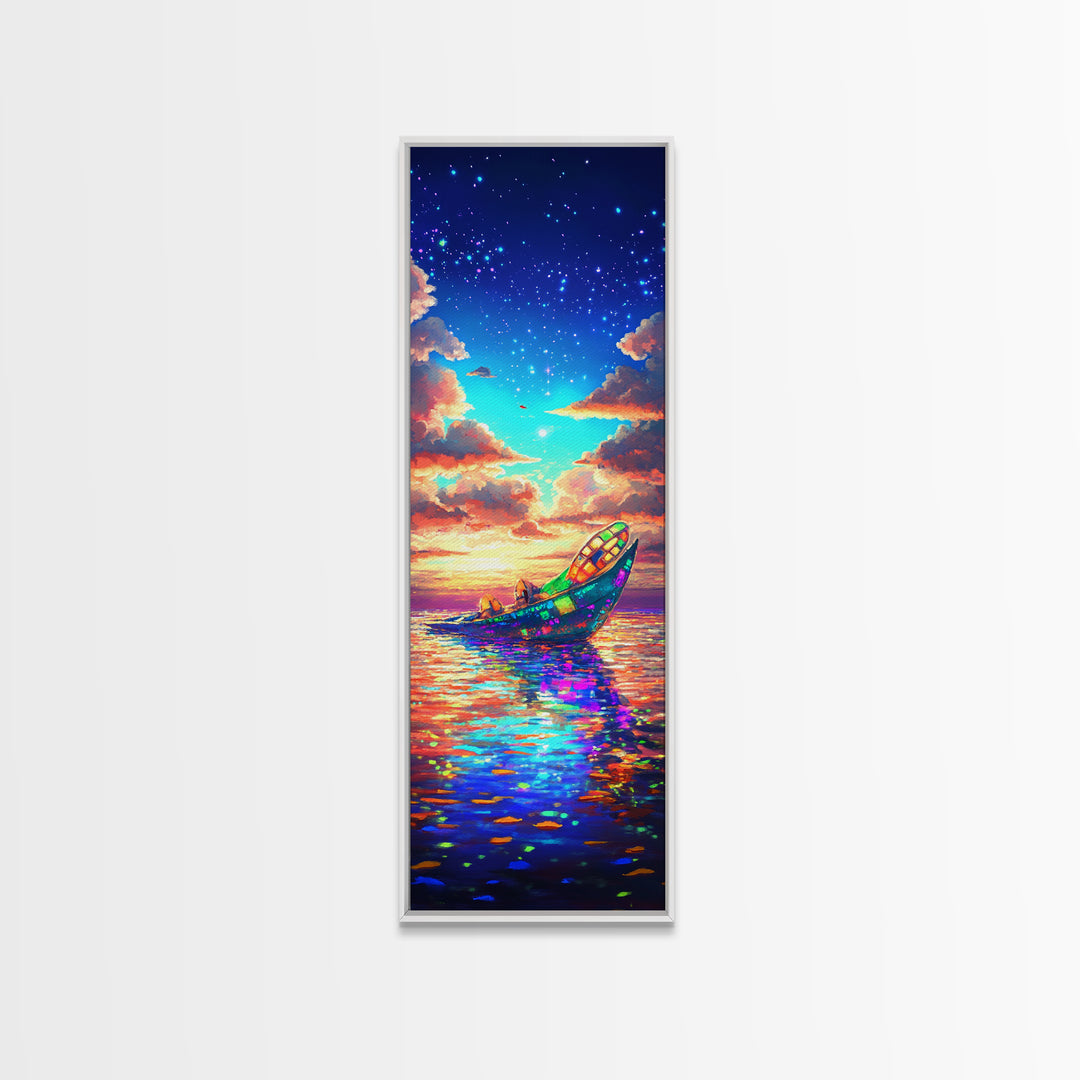 Glowing Rowboat Under Stars Canvas Print, Colorful Ocean Wall Art, Dreamy Seascape Decor, Coastal Gift, Fantasy Landscape