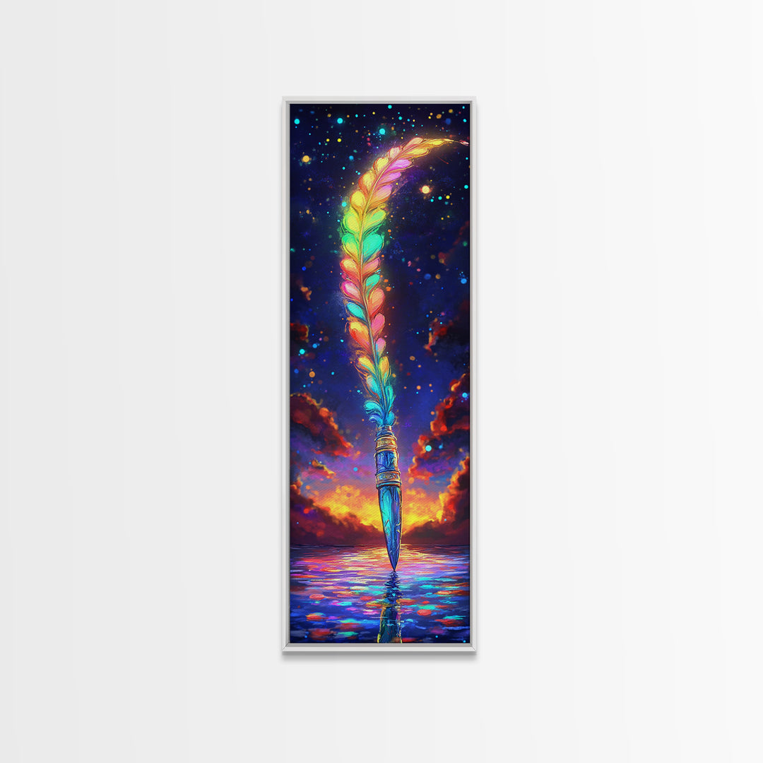 Rainbow Feather Quill Canvas Print, Celestial Wall Art, Whimsical Ocean Decor, Fantasy Writing Gift, Colorful Office Art