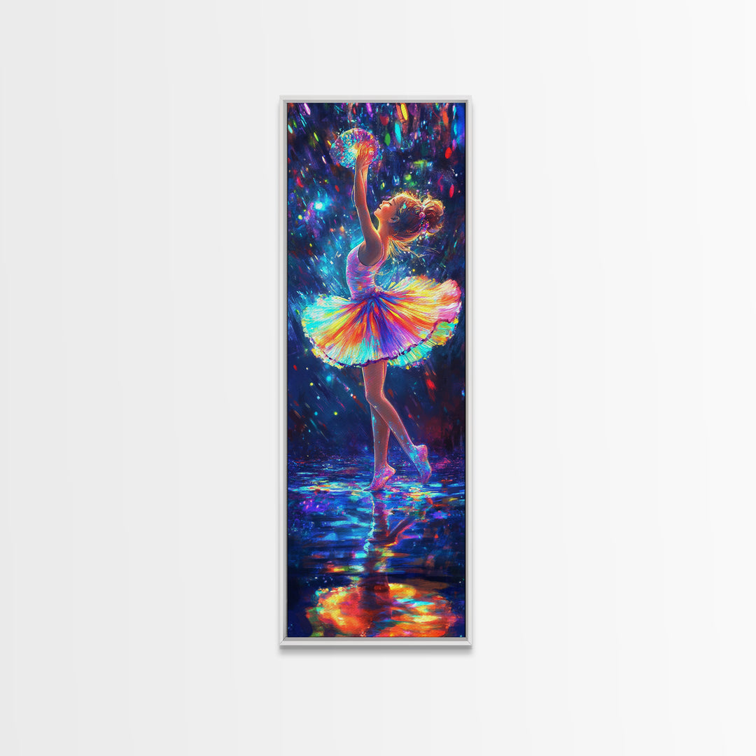 Rainbow Ballerina Dancing Under Lights Framed Canvas Print, Dance Studio Wall Art, Whimsical Girl Room Decor, Gift For Her