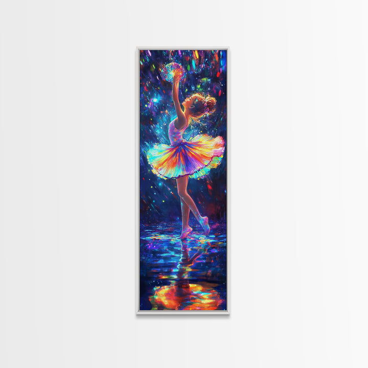 Rainbow Ballerina Dancing Under Lights Framed Canvas Print, Dance Studio Wall Art, Whimsical Girl Room Decor, Gift For Her