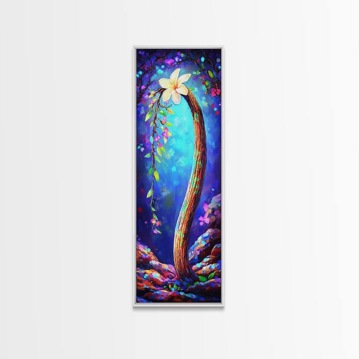 Curved Vine With White Blossom Framed Canvas Print, Botanical Wall Art, Whimsical Floral Decor, Fairy Tale Nature Home Gift