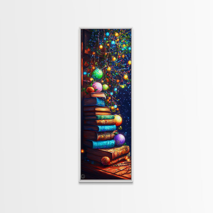 Stacked Books Christmas Tree Wall Art, Cozy Library Canvas Print, Bookish Decor, Holiday Home Decor, Housewarming Gift, Christmas Gift