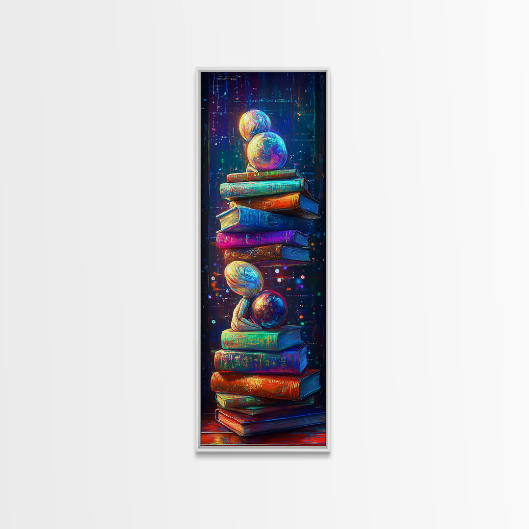 Floating Planets Over Stacked Books Wall Art, Celestial Library Decor, Book Lover Gift, Colorful Fantasy Reading Nook Print