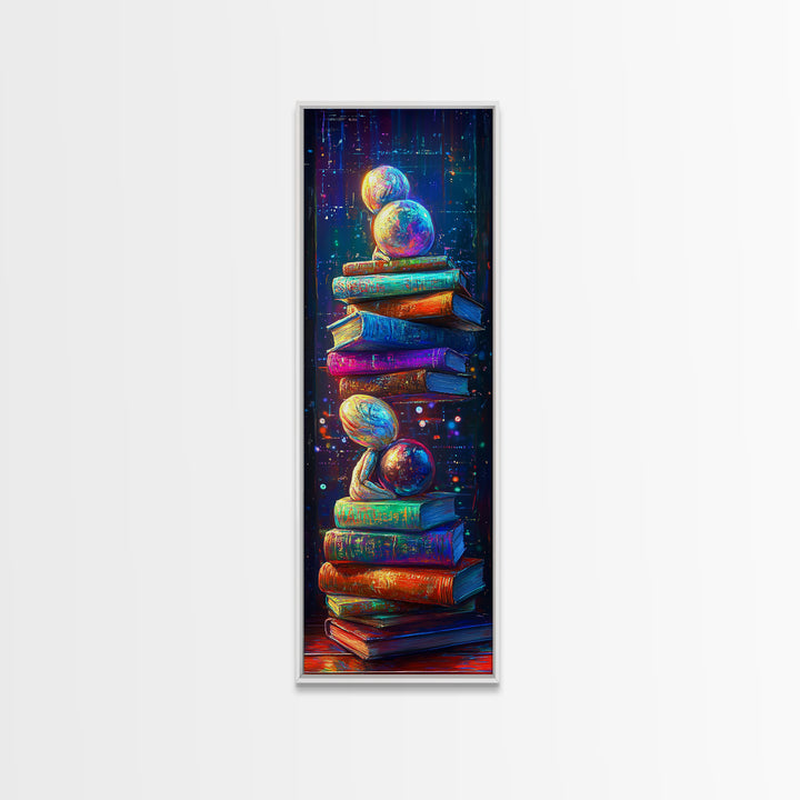 Floating Planets Over Stacked Books Wall Art, Celestial Library Decor, Book Lover Gift, Colorful Fantasy Reading Nook Print