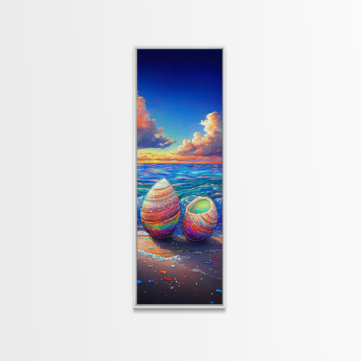 Rainbow Seashells On Sunny Beach Canvas Print, Coastal Wall Art, Beach House Decor, Ocean Art Print, Gift For Her, Nautical Decor