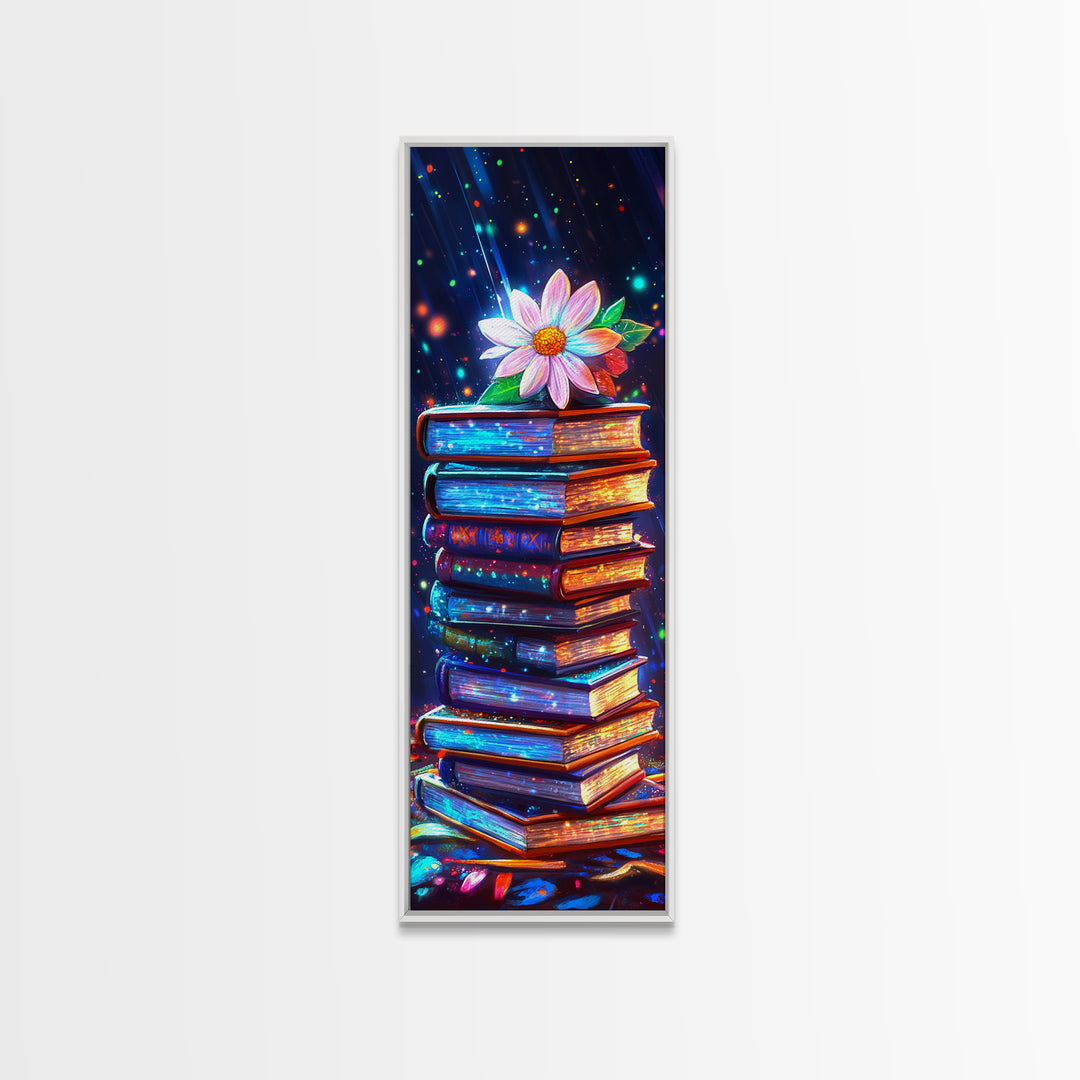 Glowing Stack Of Books With Daisy Canvas Print, Book Lover Wall Art, Cozy Library Decor, Reading Nook Art, Literary Gift