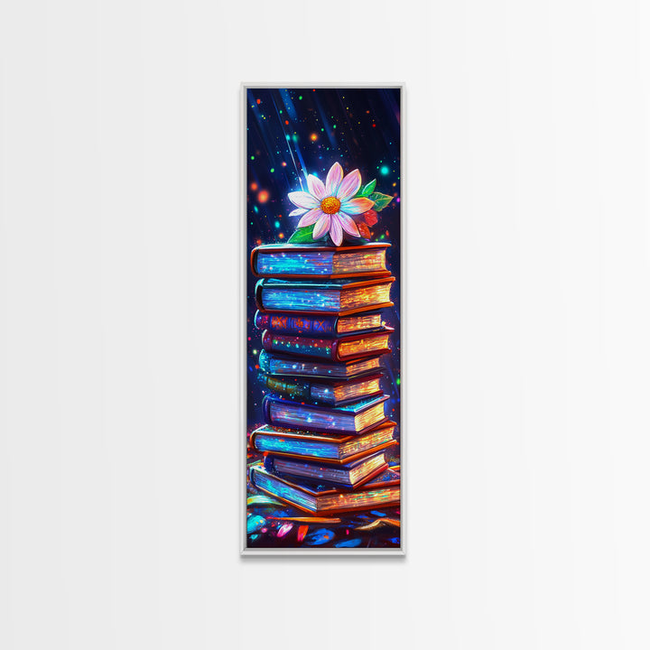 Glowing Stack Of Books With Daisy Canvas Print, Book Lover Wall Art, Cozy Library Decor, Reading Nook Art, Literary Gift