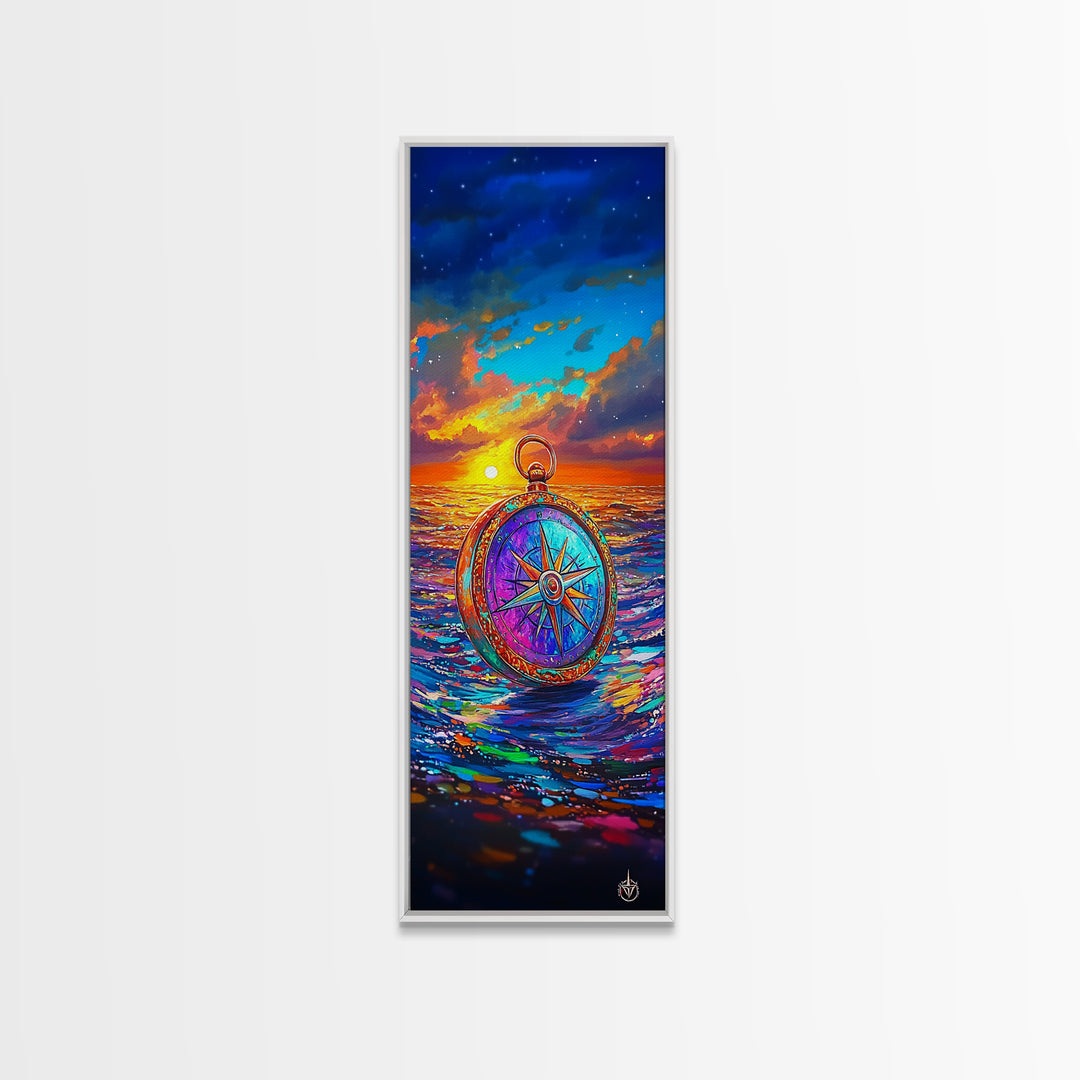 Vibrant Compass On Sunset Ocean Wall Art, Nautical Coastal Decor, Travel Poster, Seascape Art Print, Beach House Living Room Decor