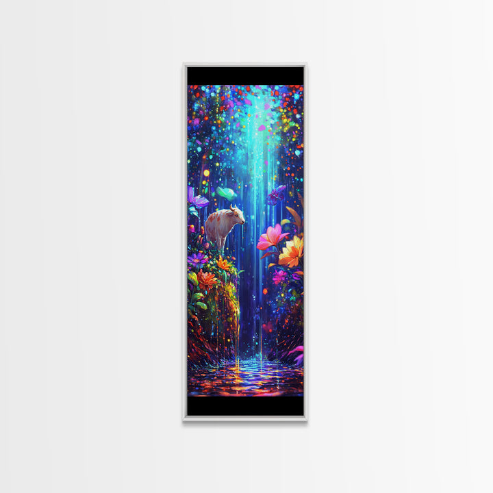 White Goat In Enchanted Waterfall Garden Framed Canvas Print, Whimsical Animal Wall Art, Colorful Nature Nursery Decor Poster