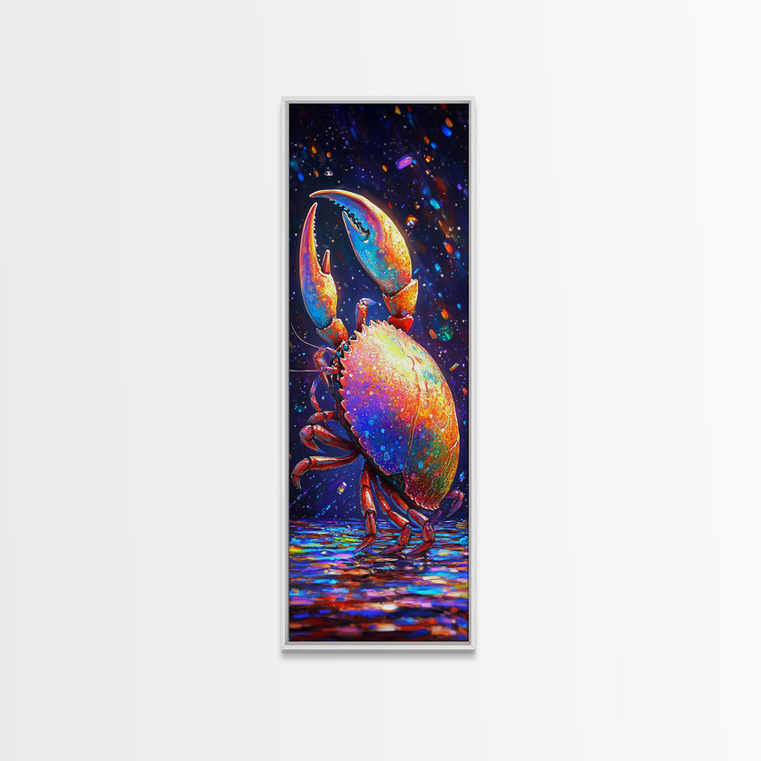 Vibrant Rainbow Crab With Raised Claw Canvas Print, Coastal Wall Art, Nautical Bathroom Decor, Colorful Ocean Animal Art
