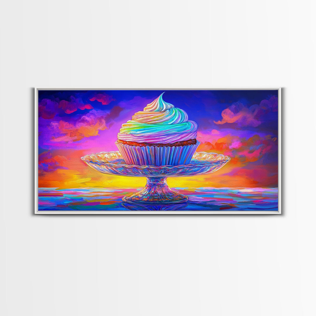 Rainbow Cupcake On Glass Stand Canvas Print, Whimsical Bakery Wall Art, Dessert Art, Kitchen Decor, Birthday Gift For Her