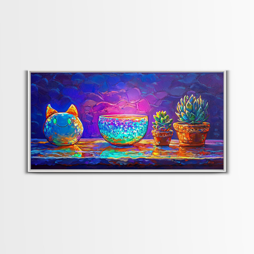 Cute Cat Figurine With Succulent Plants Wall Art, Colorful Still Life Canvas Print, Whimsical Home Decor, Plant Lover Gift
