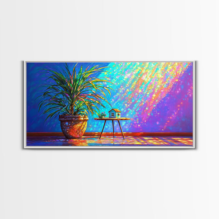 Potted Palm And Tiny House Wall Art, Rainbow Sunlit Room Still Life, Colorful Plant Decor, Modern Framed Canvas Print Gift