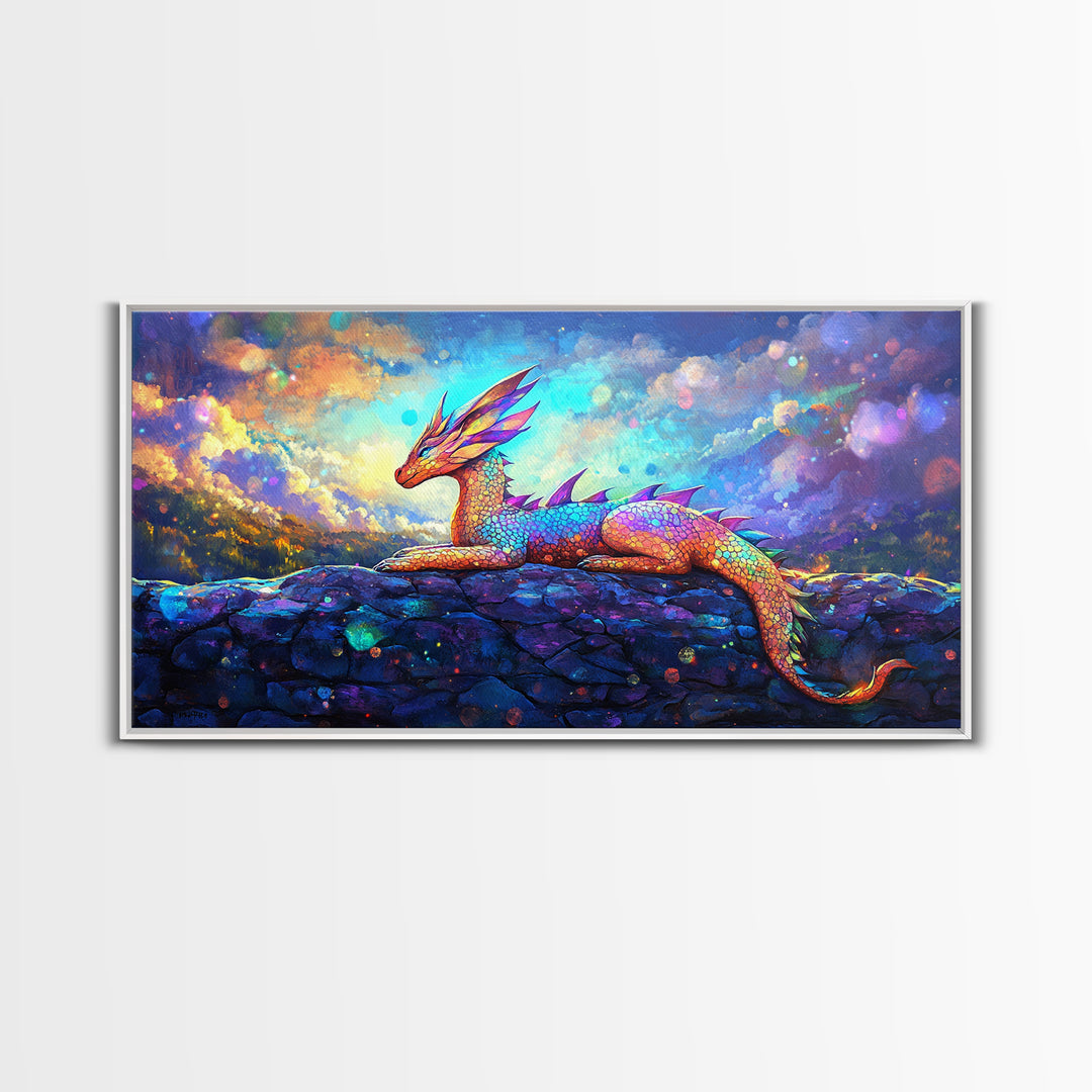 Rainbow Dragon Resting On Stone Wall Art, Whimsical Fantasy Creature Painting, Colorful Nursery Decor, Framed Canvas Print