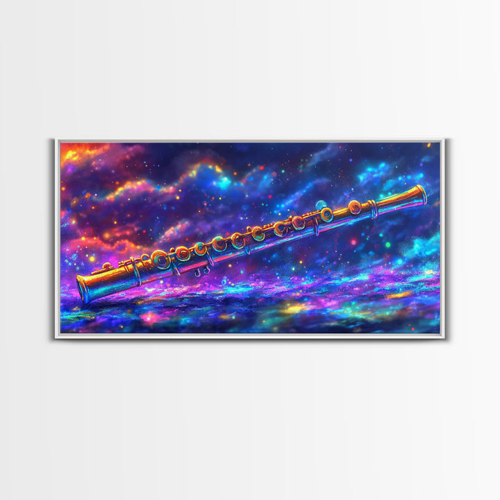 Golden Flute Floating In Cosmic Galaxy Wall Art, Music Studio Canvas Print, Celestial Space Decor, Gift For Music Lover, Home Decor