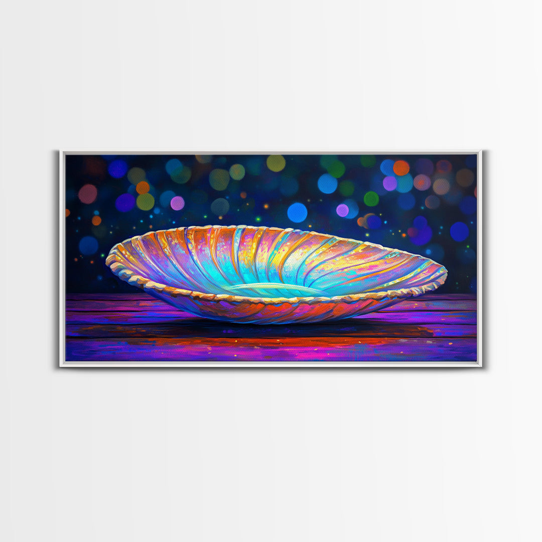 Iridescent Seashell Dish On Wooden Table Canvas Print, Coastal Wall Art, Ocean Decor, Nautical Home Decor, Beach House Gift