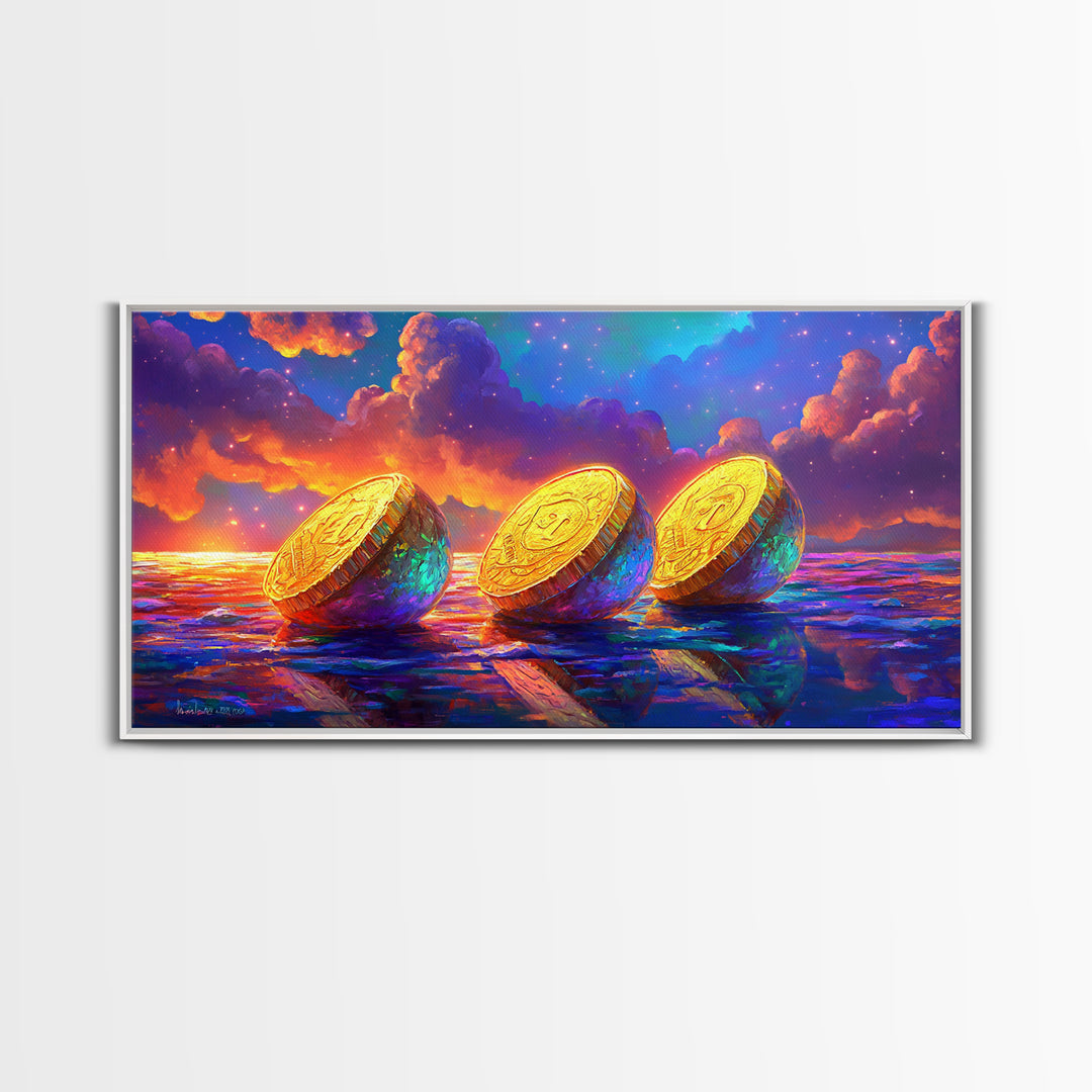 Golden Coins On Reflective Ocean Canvas Print, Abstract Seascape, Coastal Wall Art, Sunset Painting, Statement Artwork, Decor