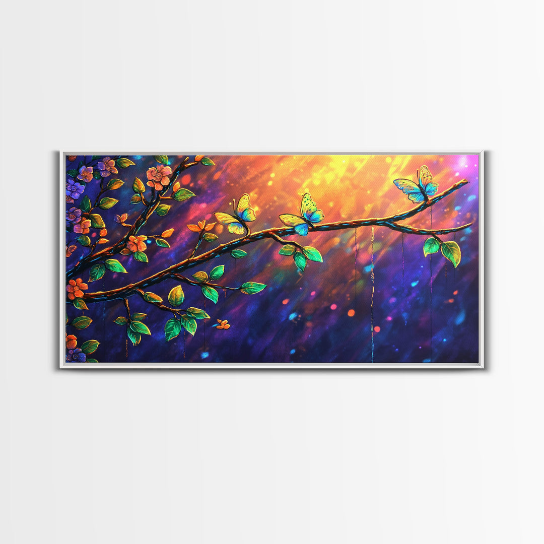 Sunlit Flower Branch With Butterflies Wall Art, Whimsical Nature Art, Botanical Wall Decor, Colorful Bedroom Art Print, Gift